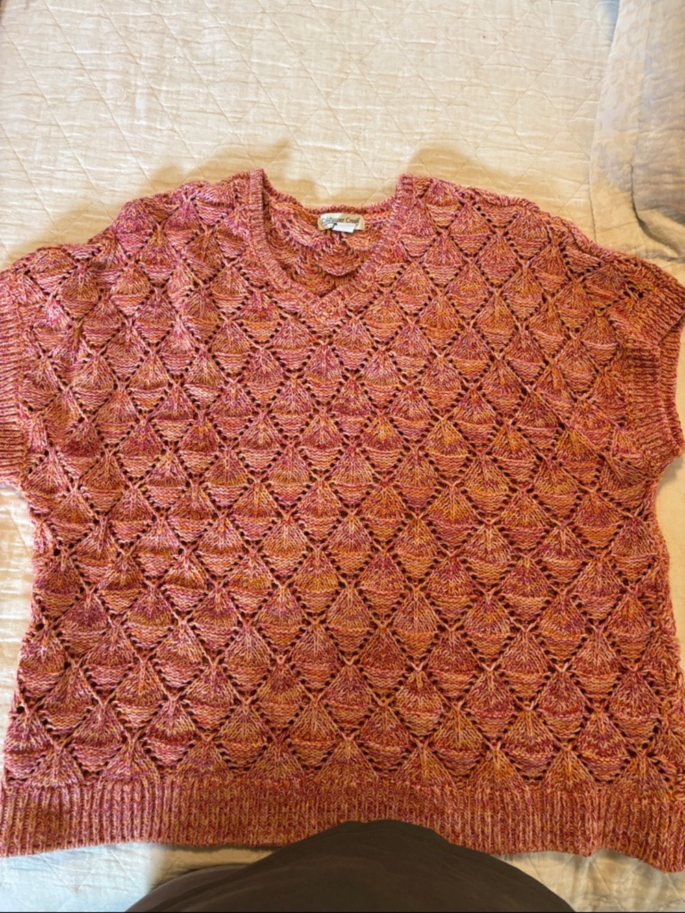 Coldwater Creek Rose Open-Knit V-Neck Short Sleeve Sweater